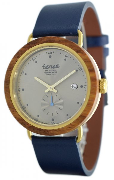 Holzuhr: Hudson Leather Hybrid Teakholz-gold